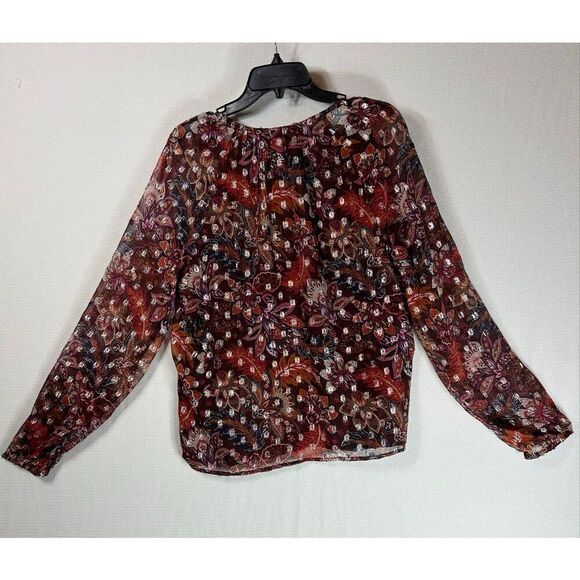 LOFT Metallic Floral Blouse Brown Red Sheer Boho Fall Top Long Sleeve Lined L - Picture 15 of 16